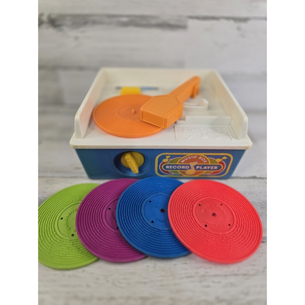 Fisher-Price Music Box Record Player Vintage Style Wind Up Toy with 5 Discs